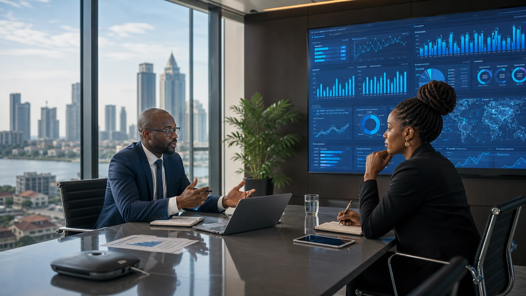 African executives reviewing strategy and dashboards in Lagos