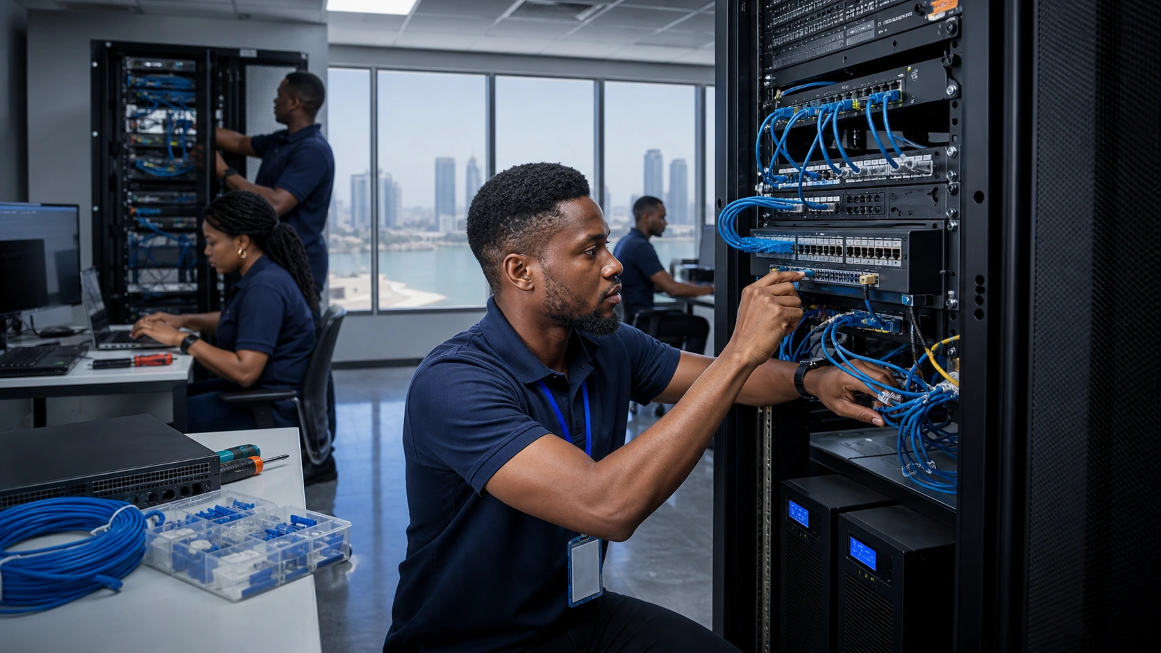 African technicians installing network equipment in a Lagos server room