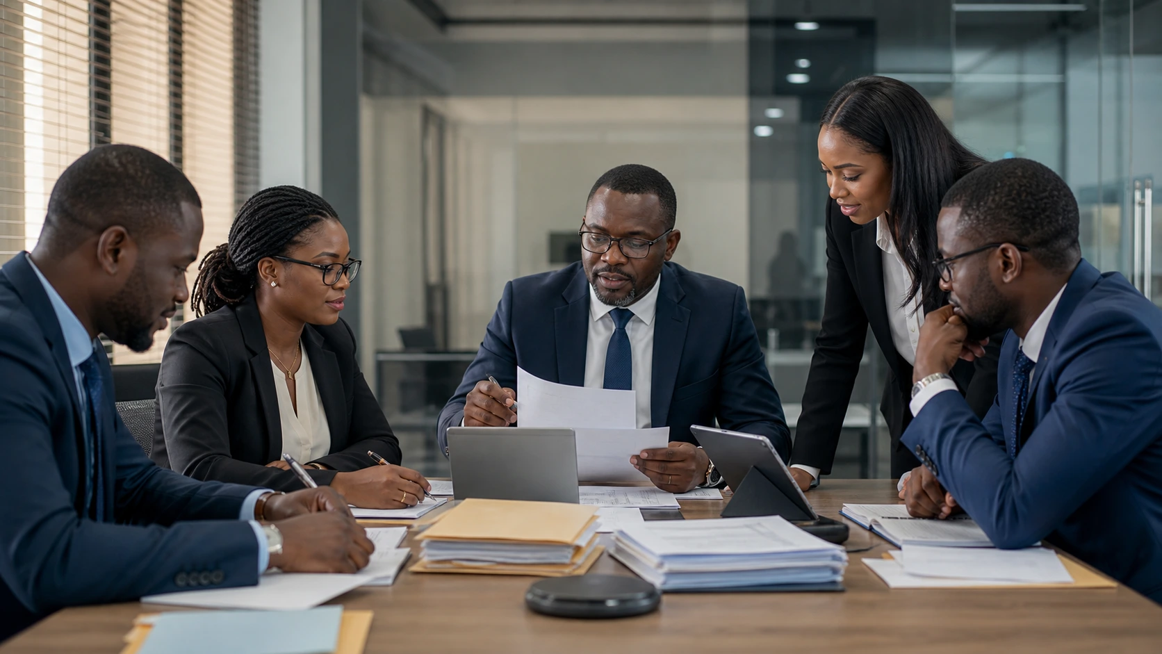 African procurement team reviewing bids and documents