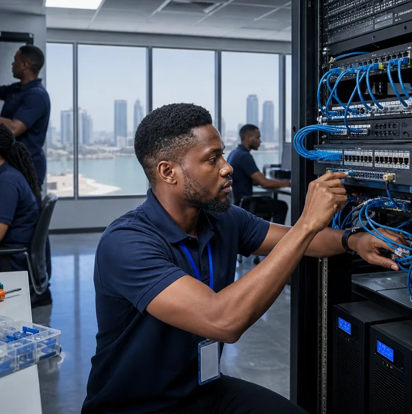 Nigerian ICT engineers supporting an enterprise system installation