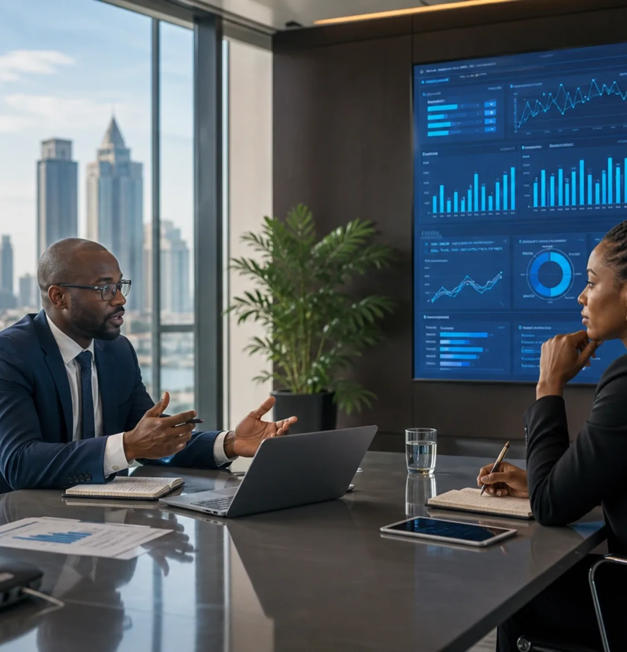 Nigerian consultant advising executives during a strategy session