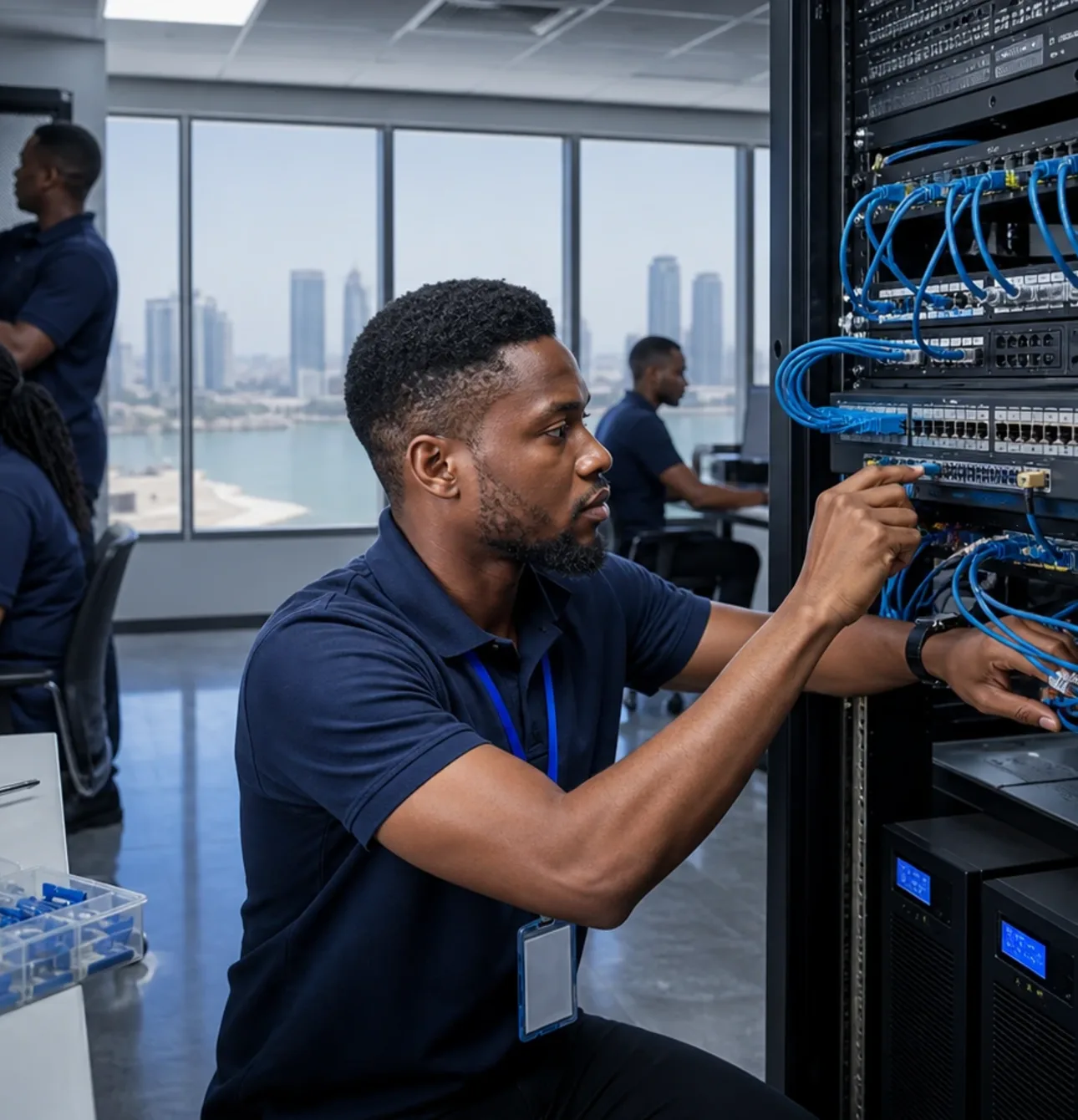 Nigerian network engineer configuring enterprise server equipment